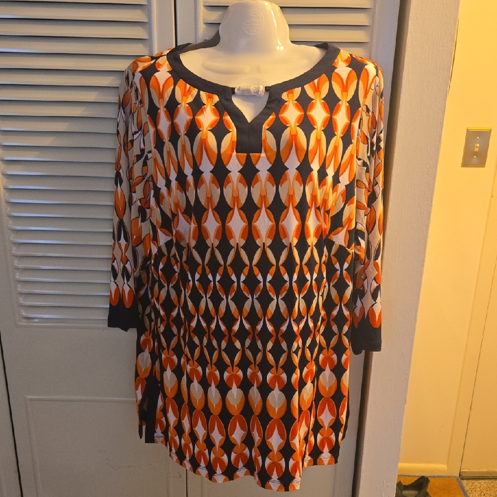 Susan Graver Orange Black Graphic Polo Tunic
